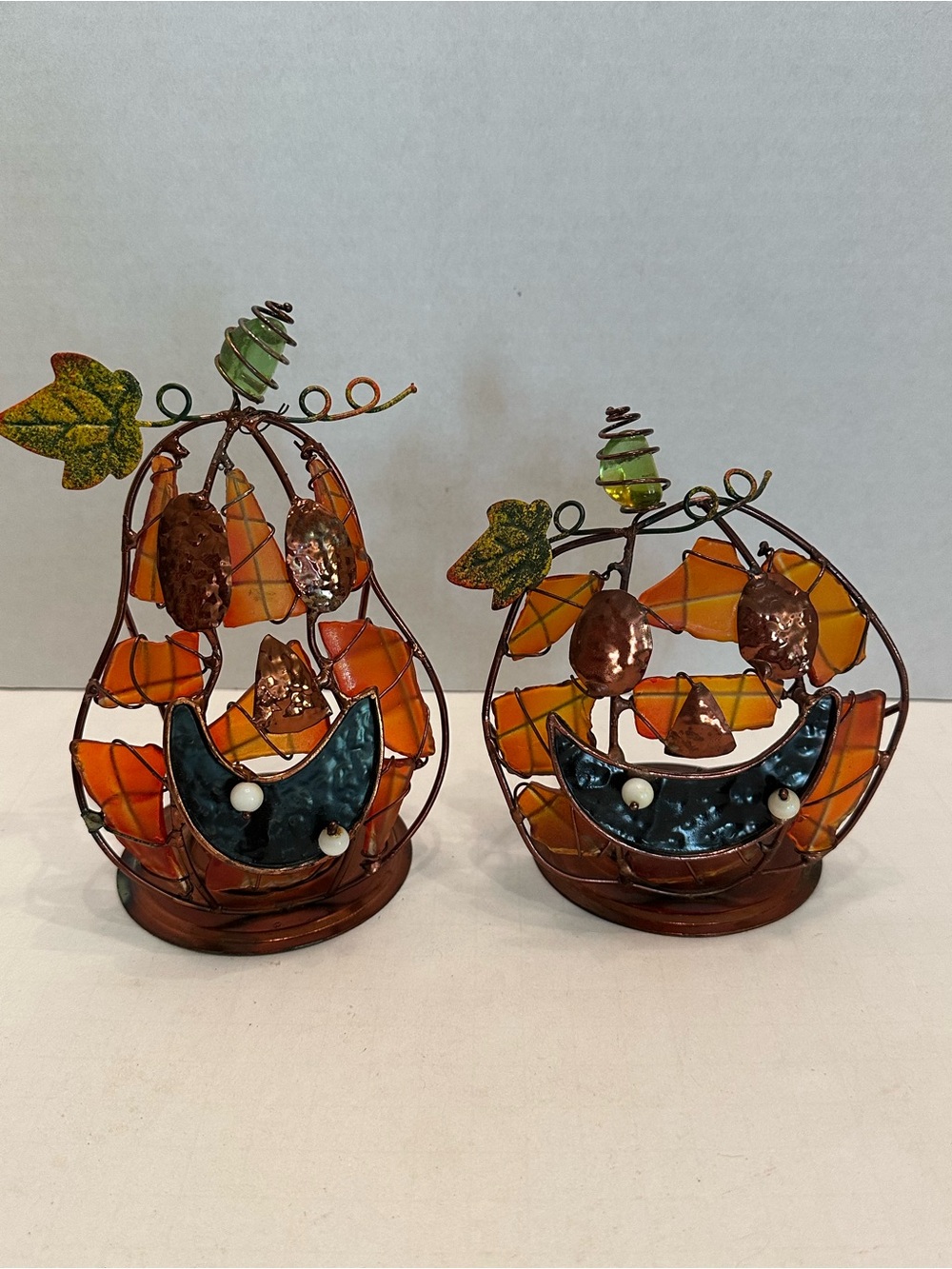Autumn Harvest Metal Wire Wrapped Stained Glass Pumpkin Pair Jack O Lantern